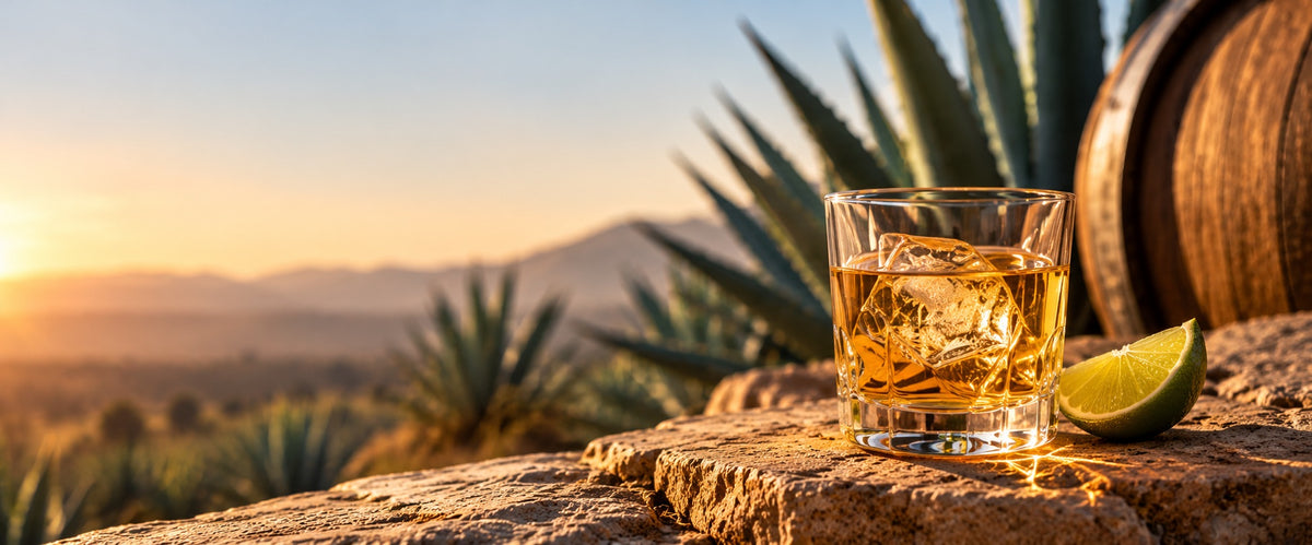 Rocks glass of golden tequila with a lime wedge on stone at sunset