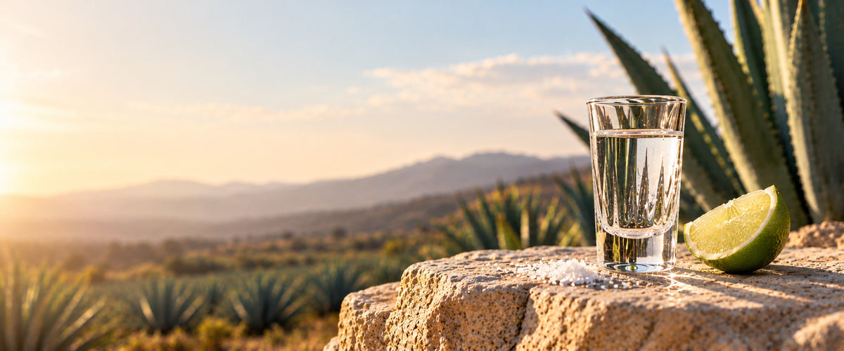 Shot glass of blanco tequila with coarse salt and a lime wedge on sunlit stone, agave plants behind