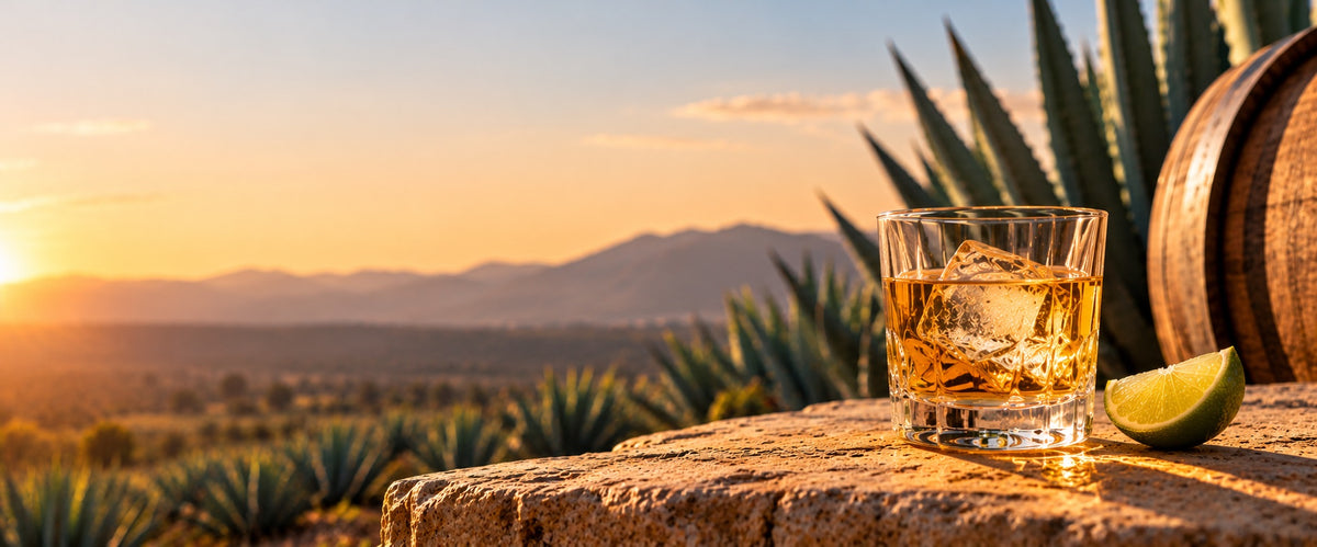 Glass of reposado tequila with a lime wedge on a stone ledge at sunset, agave and an oak barrel behind