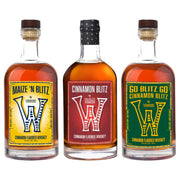 Woodson Blitz flavored whiskey trio — Maize N Blitz, Cinnamon Blitz and Go Blitz Go bottles