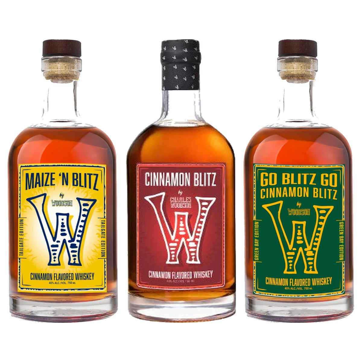 Woodson Blitz Flavored Whiskey Trio 3 bottles — Maize N Blitz: 750 ml, Cinnamon Blitz: 750 ml, Go Blitz Go (Green Bay): 750 ml