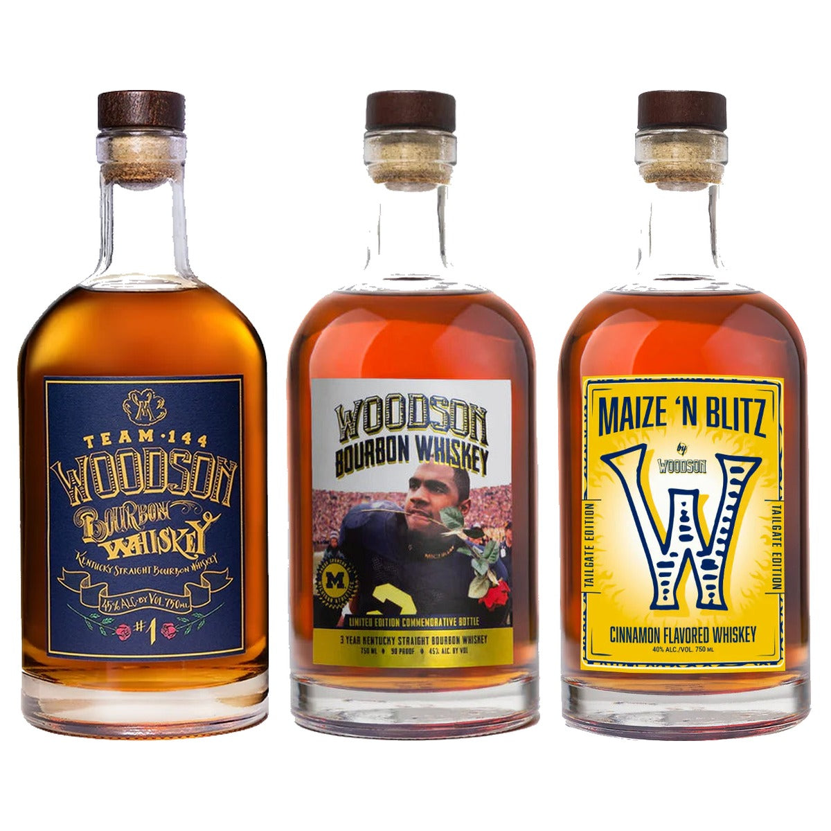 Woodson Whiskey Michigan Collection 3 bottles — Team 144 Michigan: 750 ml, Michigan Rose In Mouth: 750 ml, Maize N Blitz: 750 ml