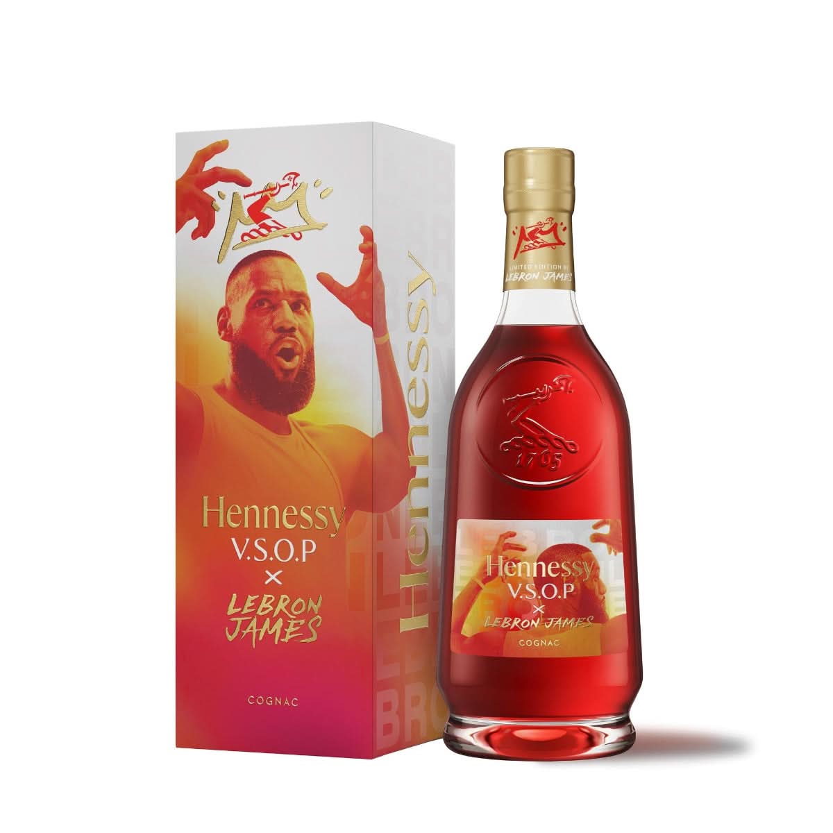 Hennessy V.S.O.P. x Lebron James cognac bottle and box on a white background