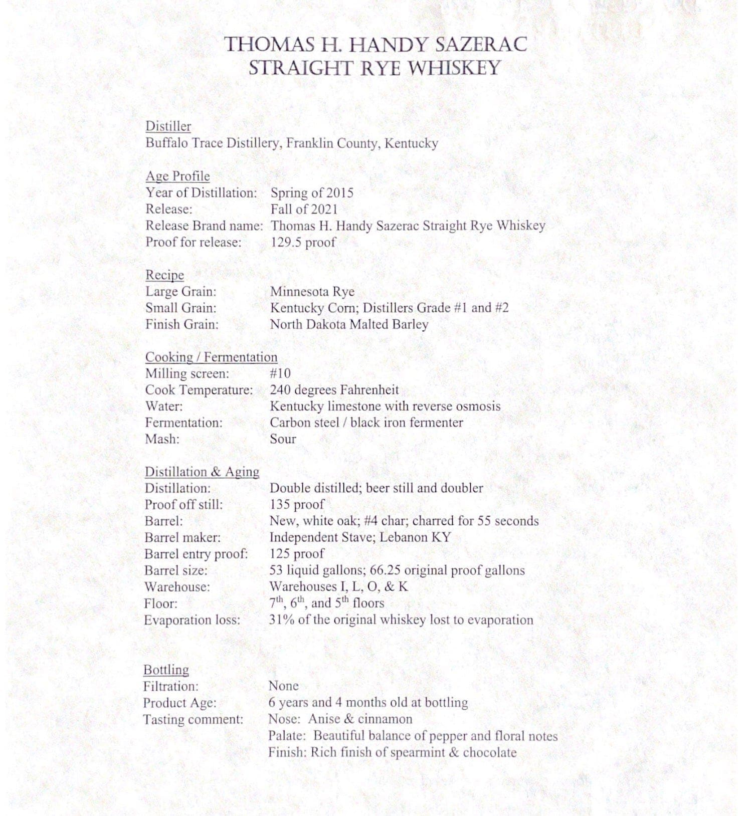 Thomas H Handy Sazerac Straight Rye Whiskey 750 ml product image 2