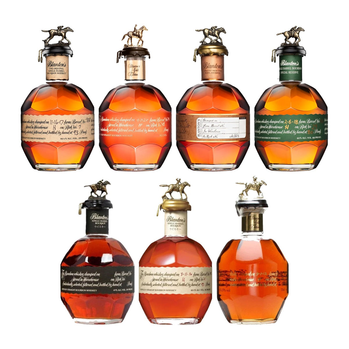 Blanton's Complete Collection Bundle - Original, Gold, Straight from the Barrel, Green, Black, Takara Red & Gold Takara 700 ml + 750 ml + 700 ml + 700 ml + 750 ml + 750 ml + 750 ml