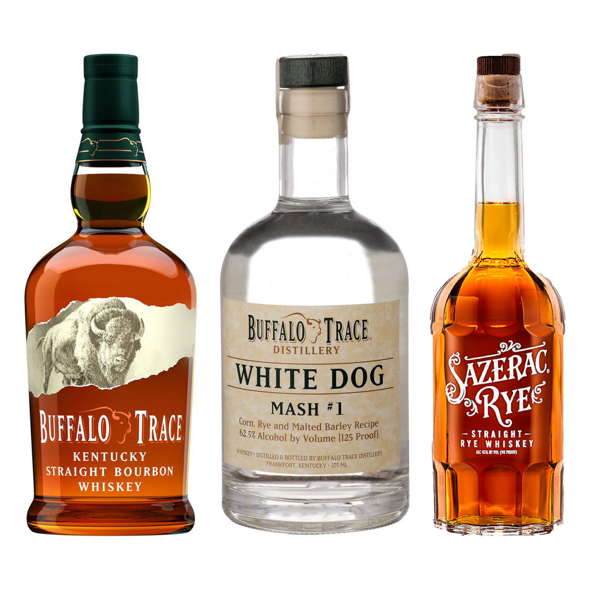 Buffalo Trace Distillery Experience Bundle - Bourbon, White Dog & Sazerac Rye 750 ml + 375 ml + 750 ml