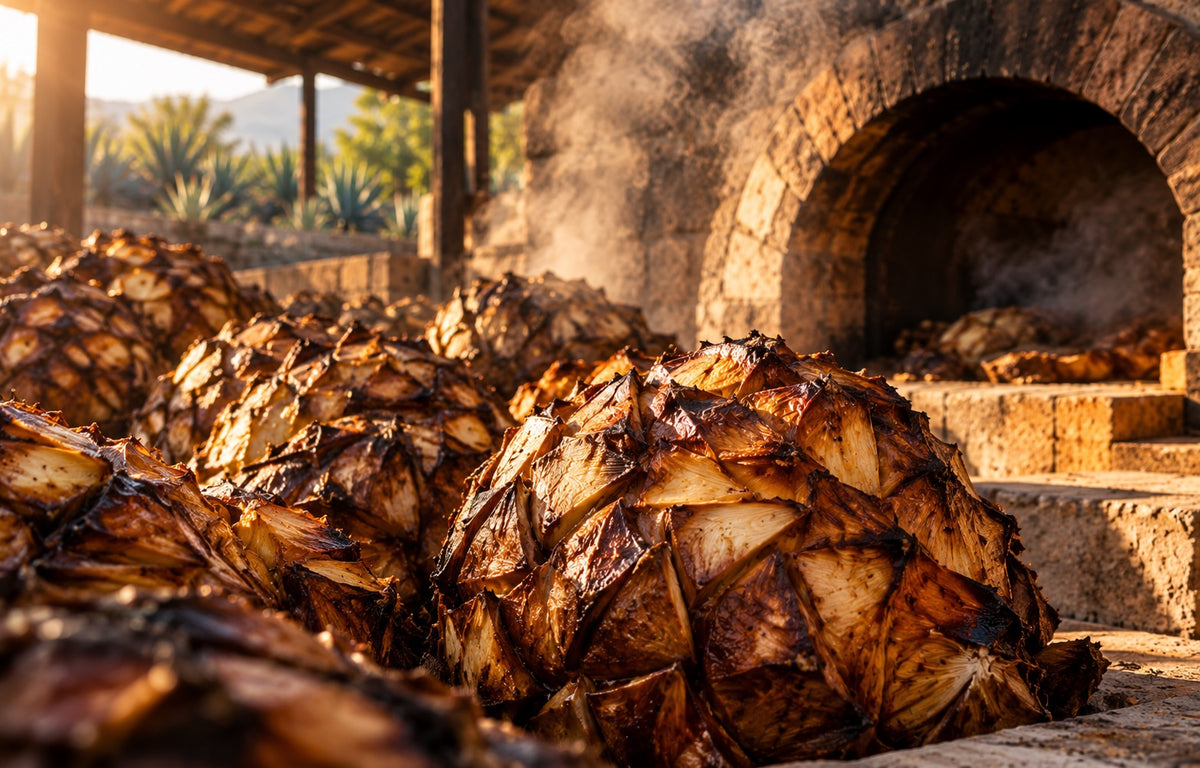 Roasted agave piñas beside a traditional stone oven