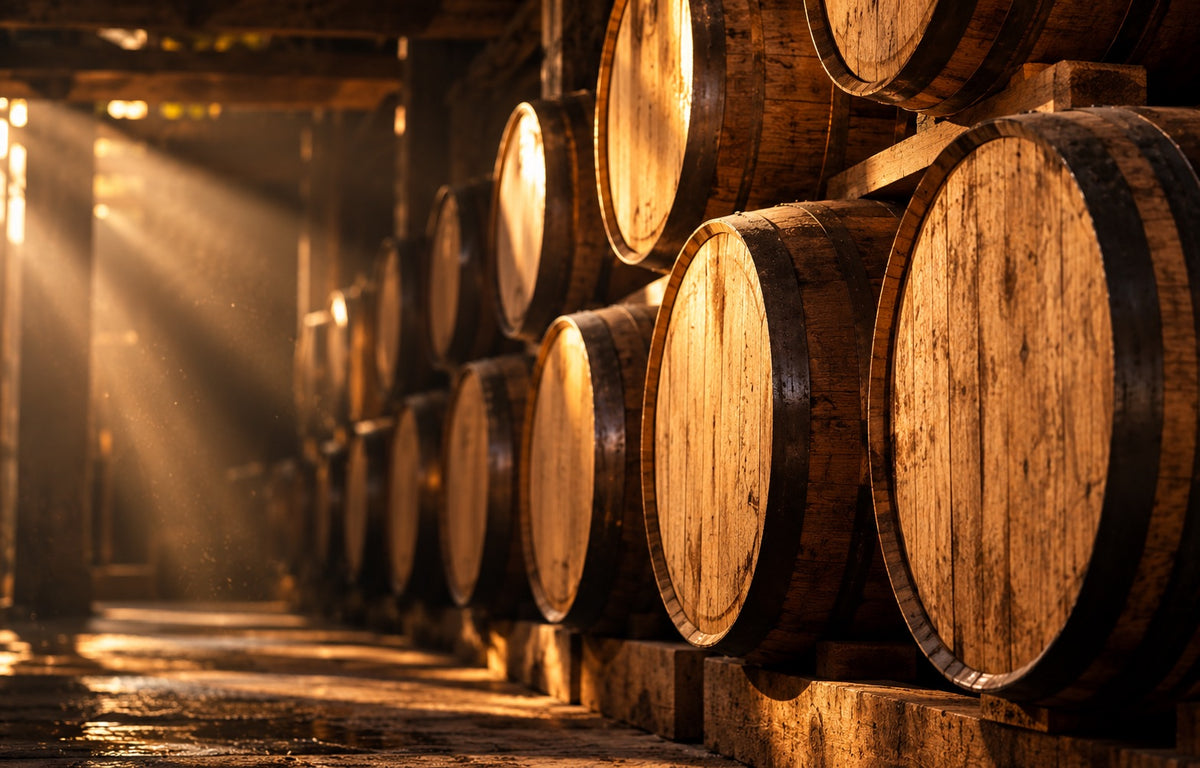 Oak barrels aging in a cellar with sunbeams