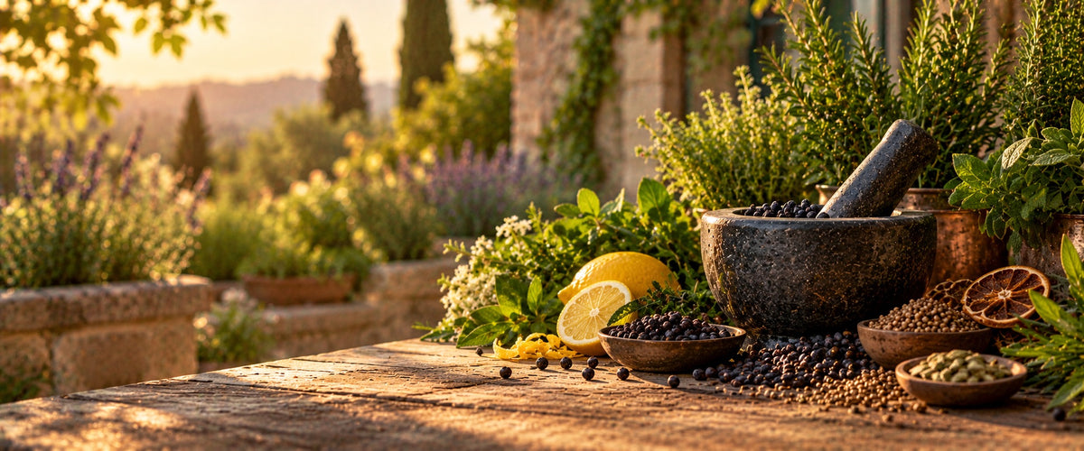 Gin botanicals with juniper berries, lemon and herbs beside a stone mortar in a garden