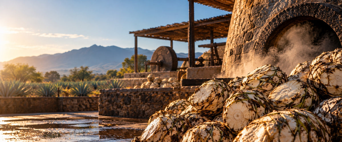 Raw agave piñas beside a stone tahona wheel and a steaming brick oven at a traditional distillery