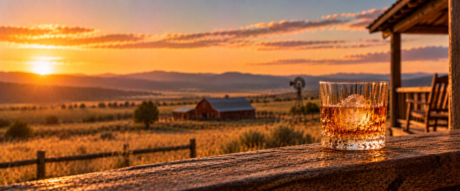 Glass of American whiskey on a ranch porch rail with a red barn and prairie at sunset