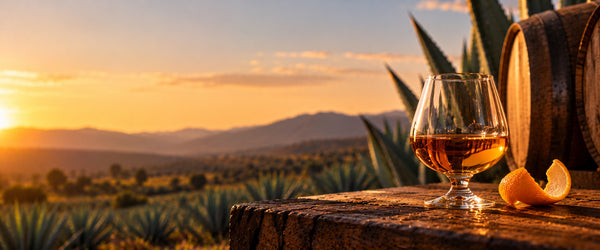 Snifter of añejo tequila with an orange peel on a wooden ledge at sunset, agave and oak barrels behind