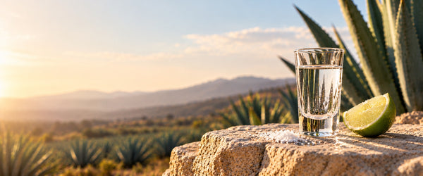 Shot glass of blanco tequila with coarse salt and a lime wedge on sunlit stone, agave plants behind