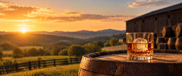 Rocks glass of bourbon with a large ice cube on a barrel head, Kentucky hills and a rickhouse at sunset