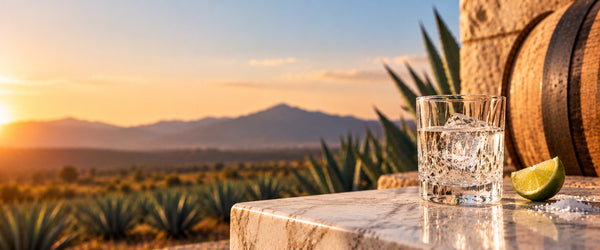 Clear cristalino tequila in a rocks glass on marble with lime and salt, an oak barrel behind