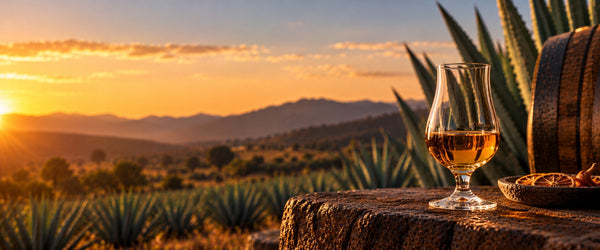 Tasting glass of extra añejo tequila beside an oak barrel and dried orange slices at sunset