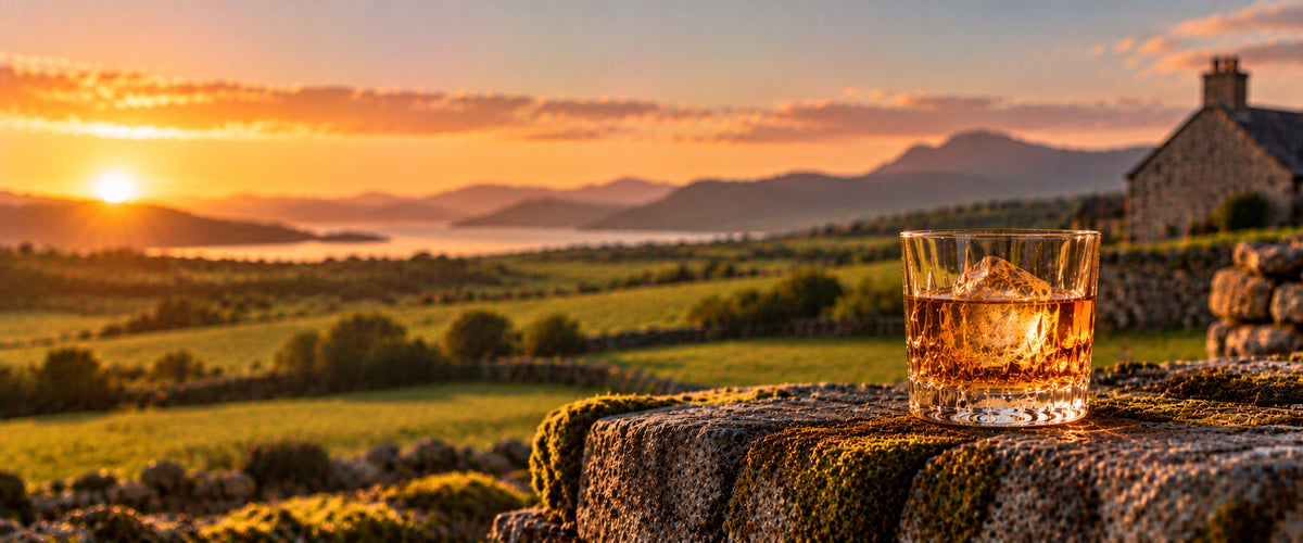 Glass of Irish whiskey on a mossy stone wall overlooking green countryside and a cottage at sunset