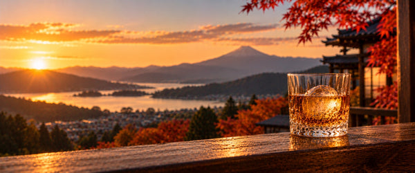 Glass of Japanese whisky with an ice sphere on a wooden rail above a valley, autumn maples and a mountain at sunset