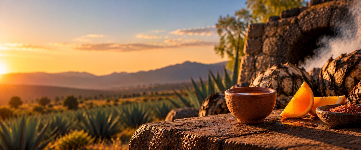 Clay cup of mezcal with orange slices and chili salt on stone at sunset, roasted agave and smoke behind