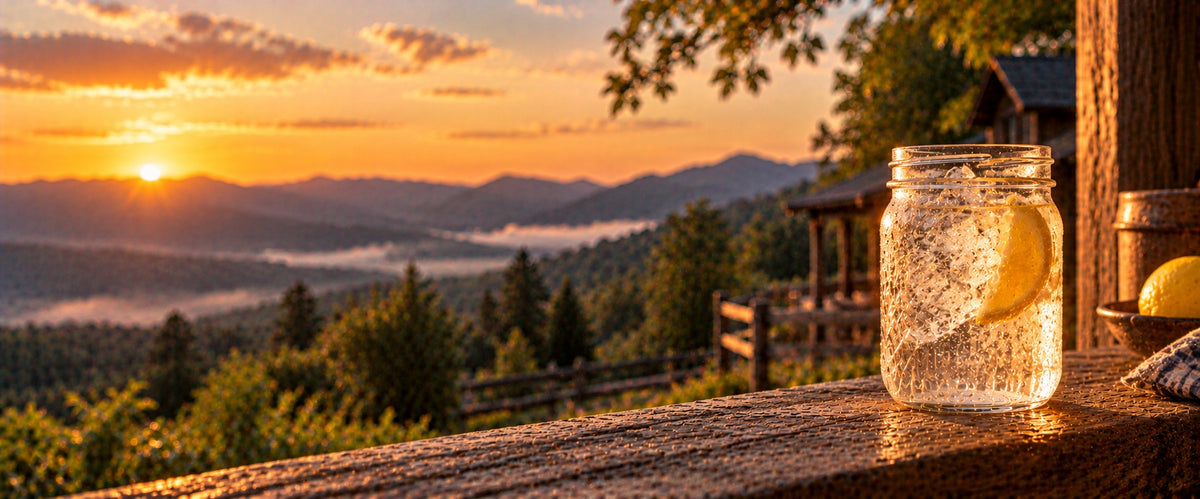 Mason jar of moonshine with lemon on a porch rail above misty Appalachian mountains at sunset