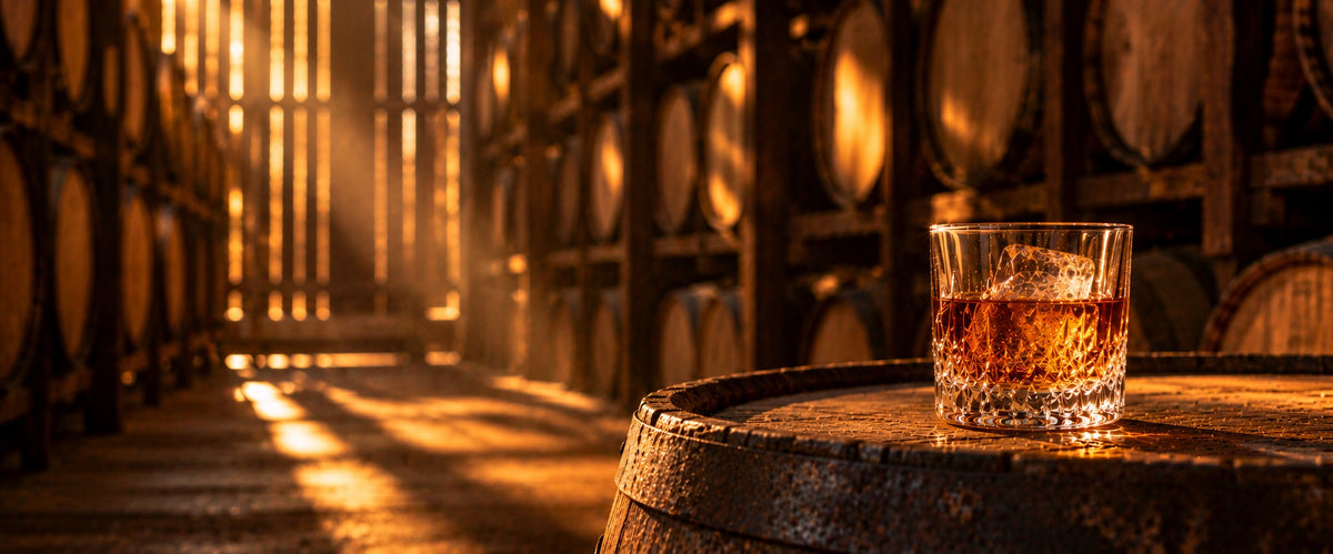 Crystal glass of dark bourbon on a barrel head in a dim rickhouse with warm light