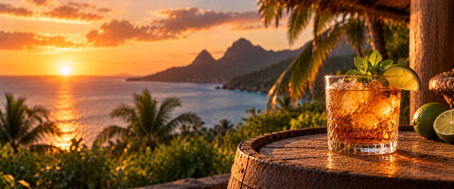 Rum on the rocks with mint and lime on a barrel overlooking a tropical bay at sunset