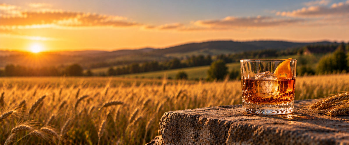 Rocks glass of rye whiskey with an orange peel on a stone ledge beside a golden grain field at sunset