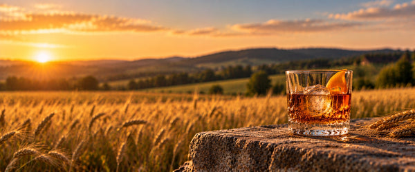 Rocks glass of rye whiskey with an orange peel on a stone ledge beside a golden grain field at sunset