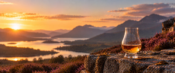 Tasting glass of Scotch whisky on a stone wall above a Highland loch with heather at sunset