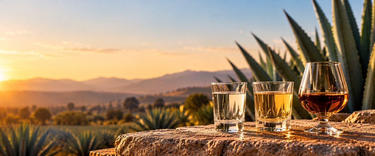 Blanco, reposado and añejo tequila in three glasses on a stone ledge at sunset with agave plants