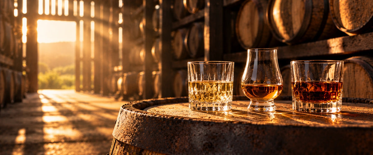 Three glasses of whiskey from pale gold to deep amber on an oak barrel head in a sunlit rickhouse