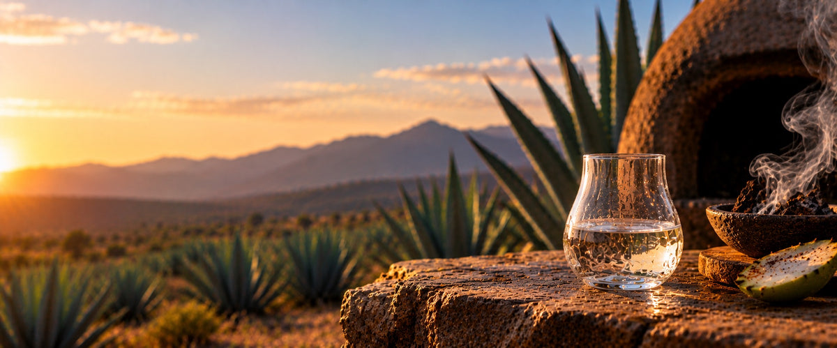 Copita of mezcal on a stone ledge at sunset beside a smoking earthen oven and agave plants