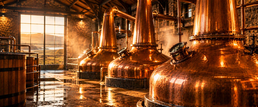 Copper pot stills in a whisky distillery glowing in warm light