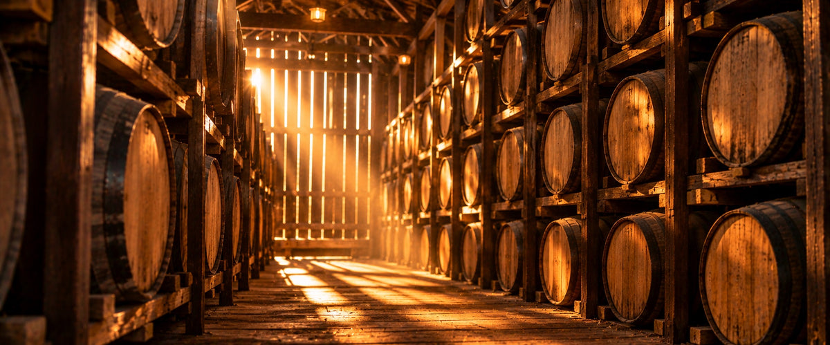 Oak barrels stacked in a timber rickhouse with sunbeams through the slats