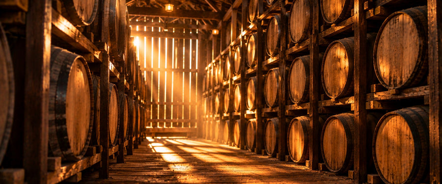 Oak barrels stacked in a timber rickhouse with sunbeams through the slats