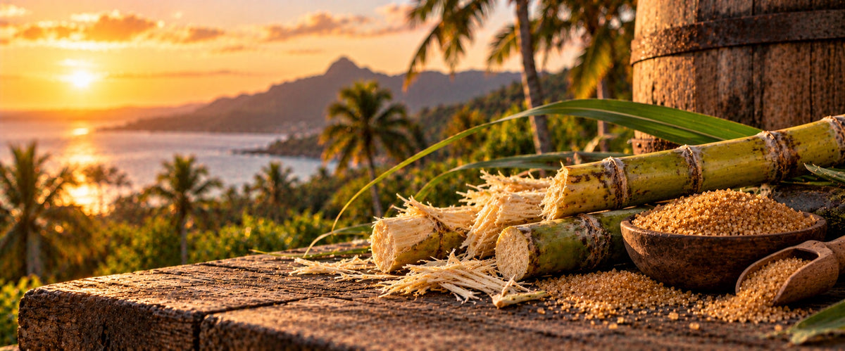 Cut sugarcane and raw sugar on a wooden table above a tropical coast at sunset