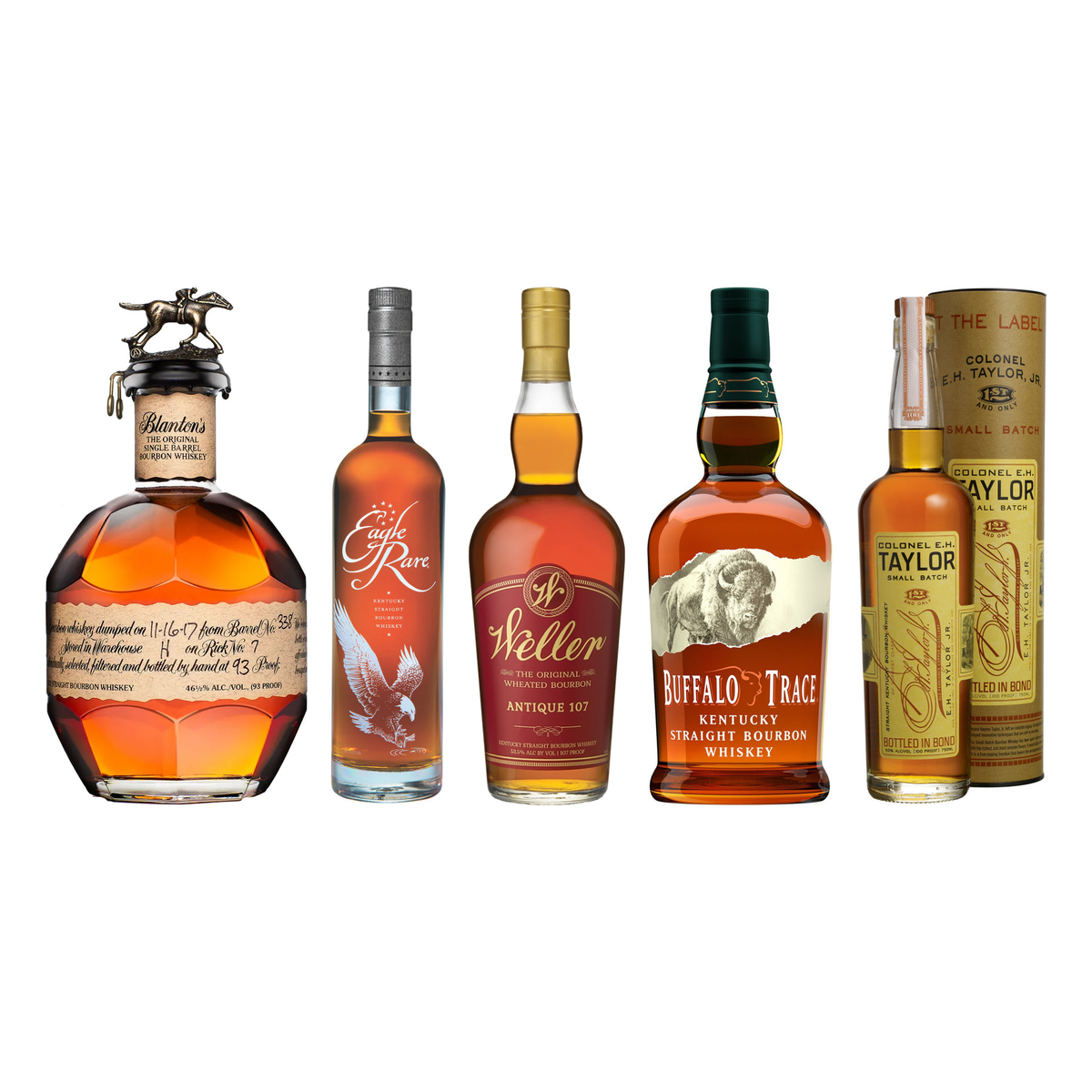 Premium Bourbon Collection - Blanton's, Eagle Rare, Weller 107, Buffalo Trace & E.H. Taylor 700 ml + 750 ml + 750 ml + 750 ml + 750 ml