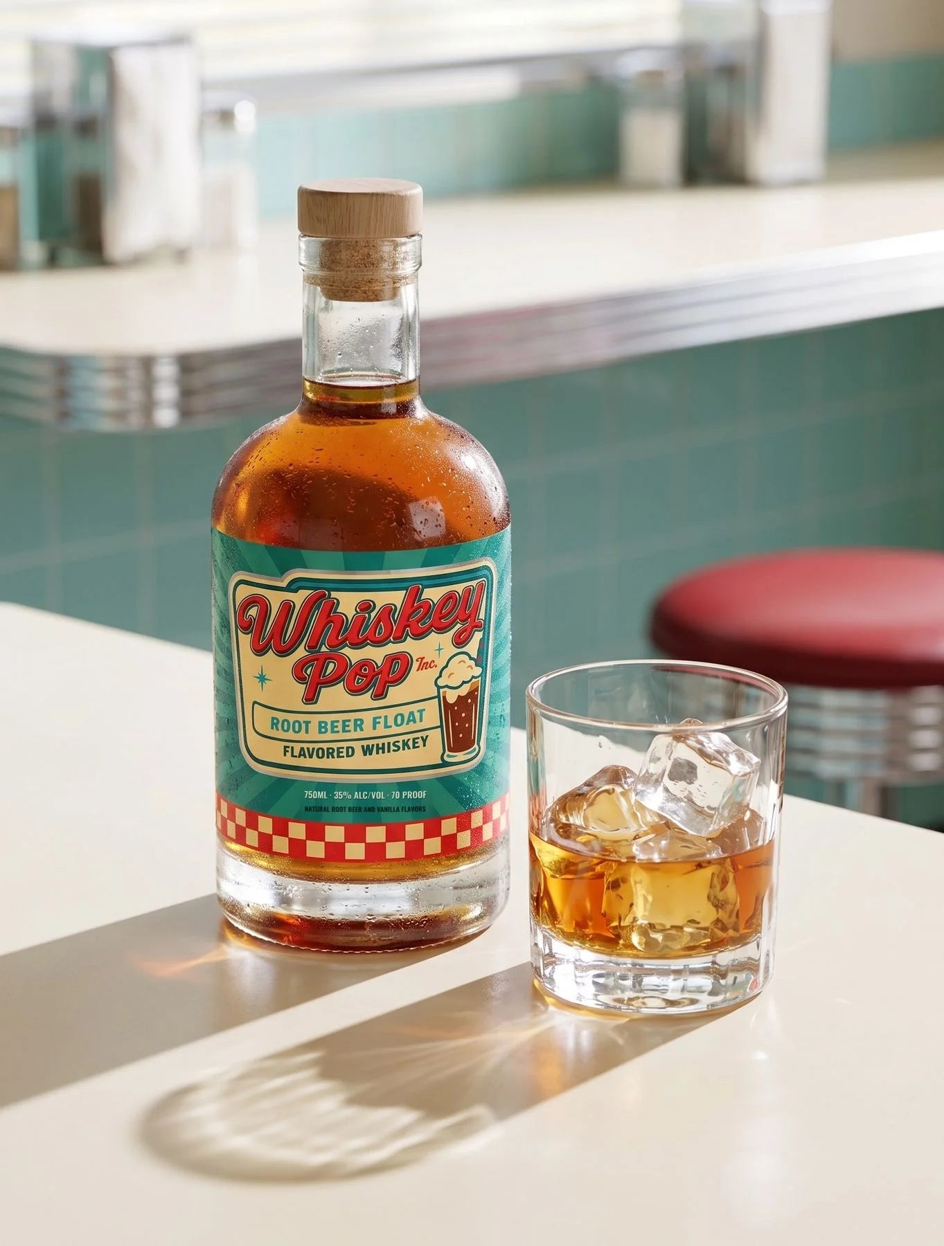 A bottle of Whiskey Pop Root Beer Float Flavored Whiskey and a whiskey on the rocks on a sunlit diner counter